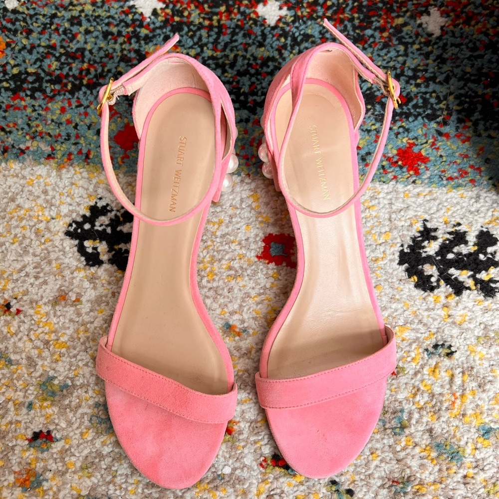 Stuart Weitzman Simple Pearls Block Heel Pink Sue… - image 2